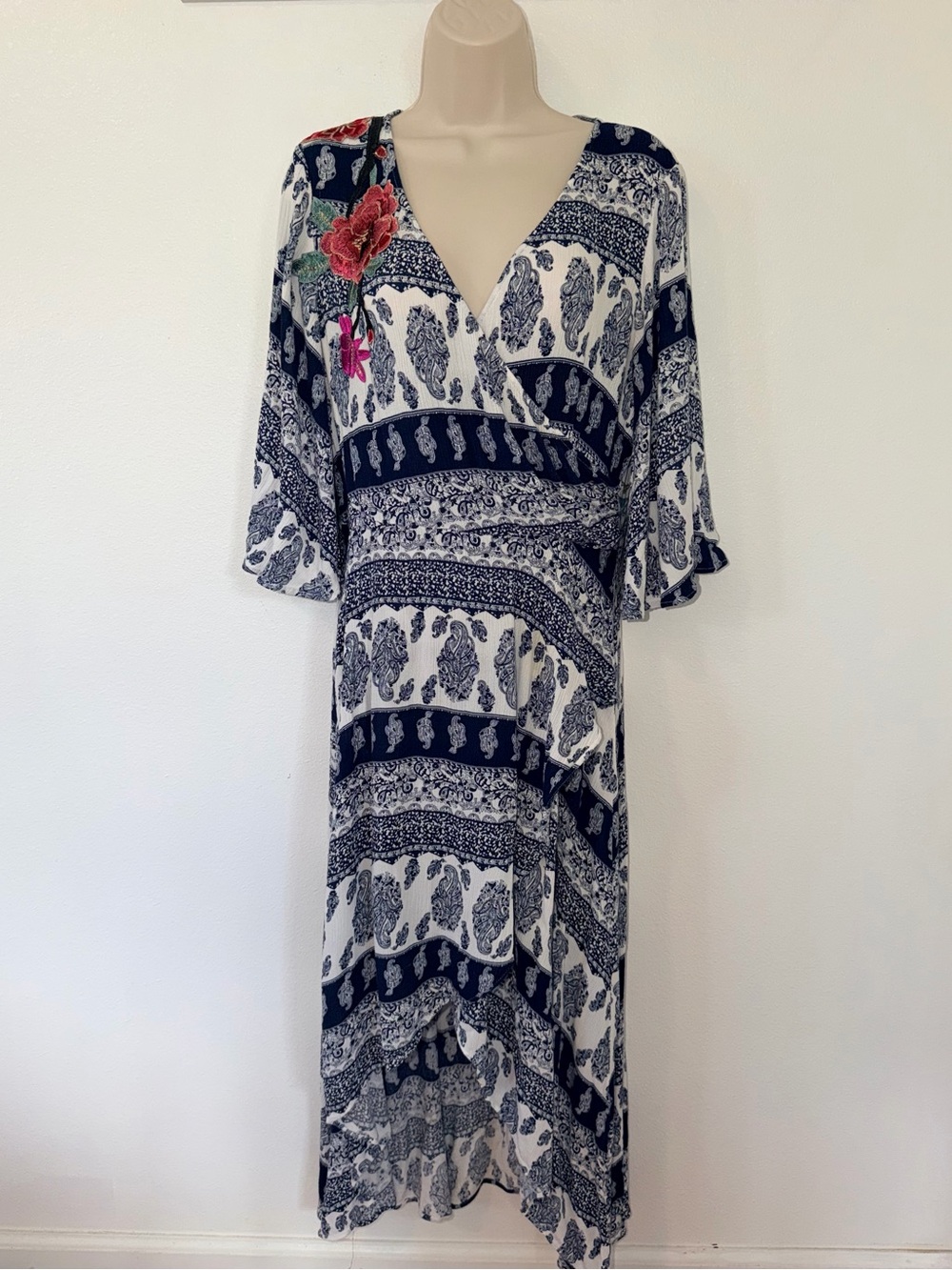 Tribal Navy & White High-Low Wrap Dress with Floral Accents